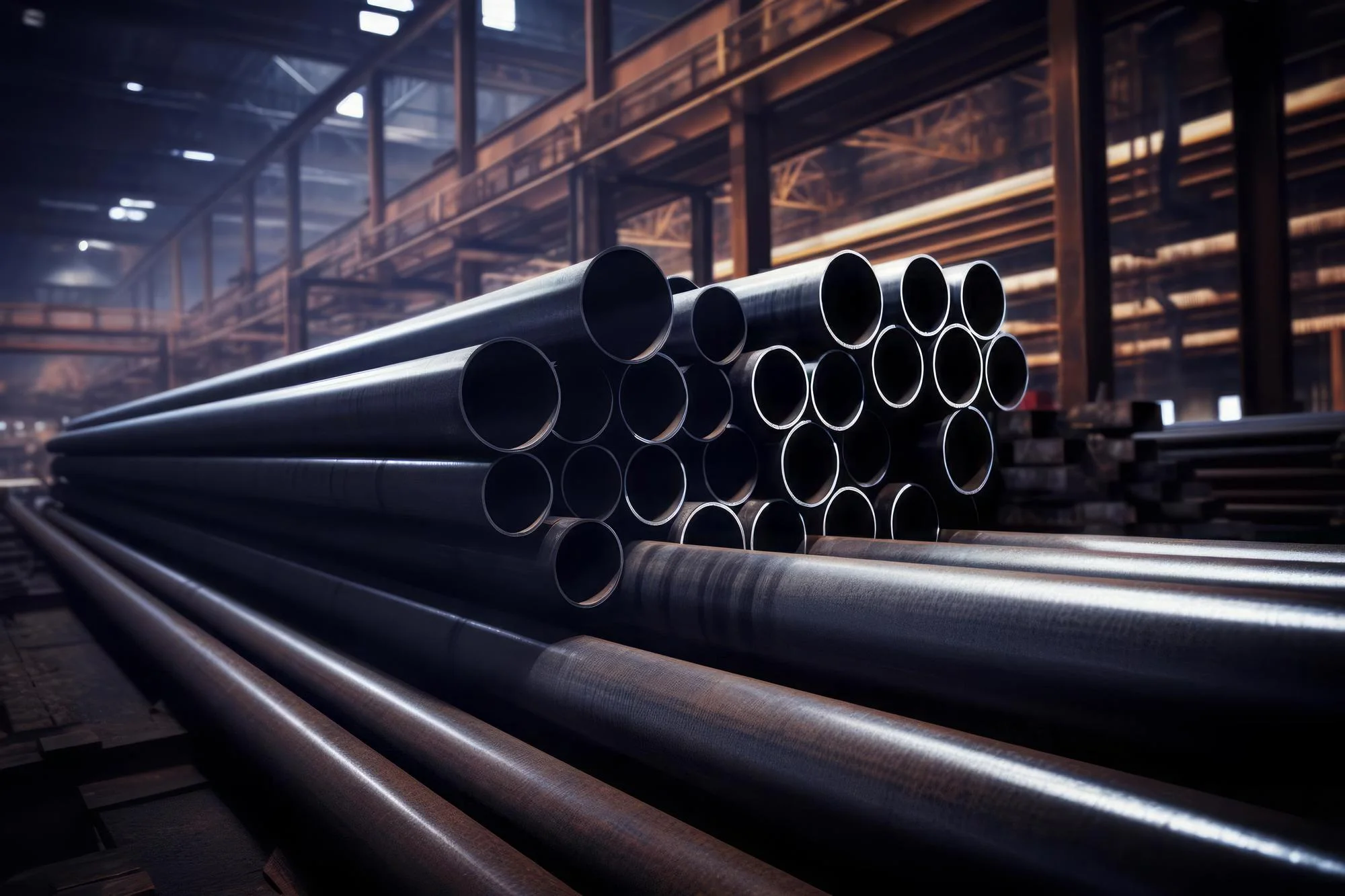 Carbon steel pipes in a steel stockyard