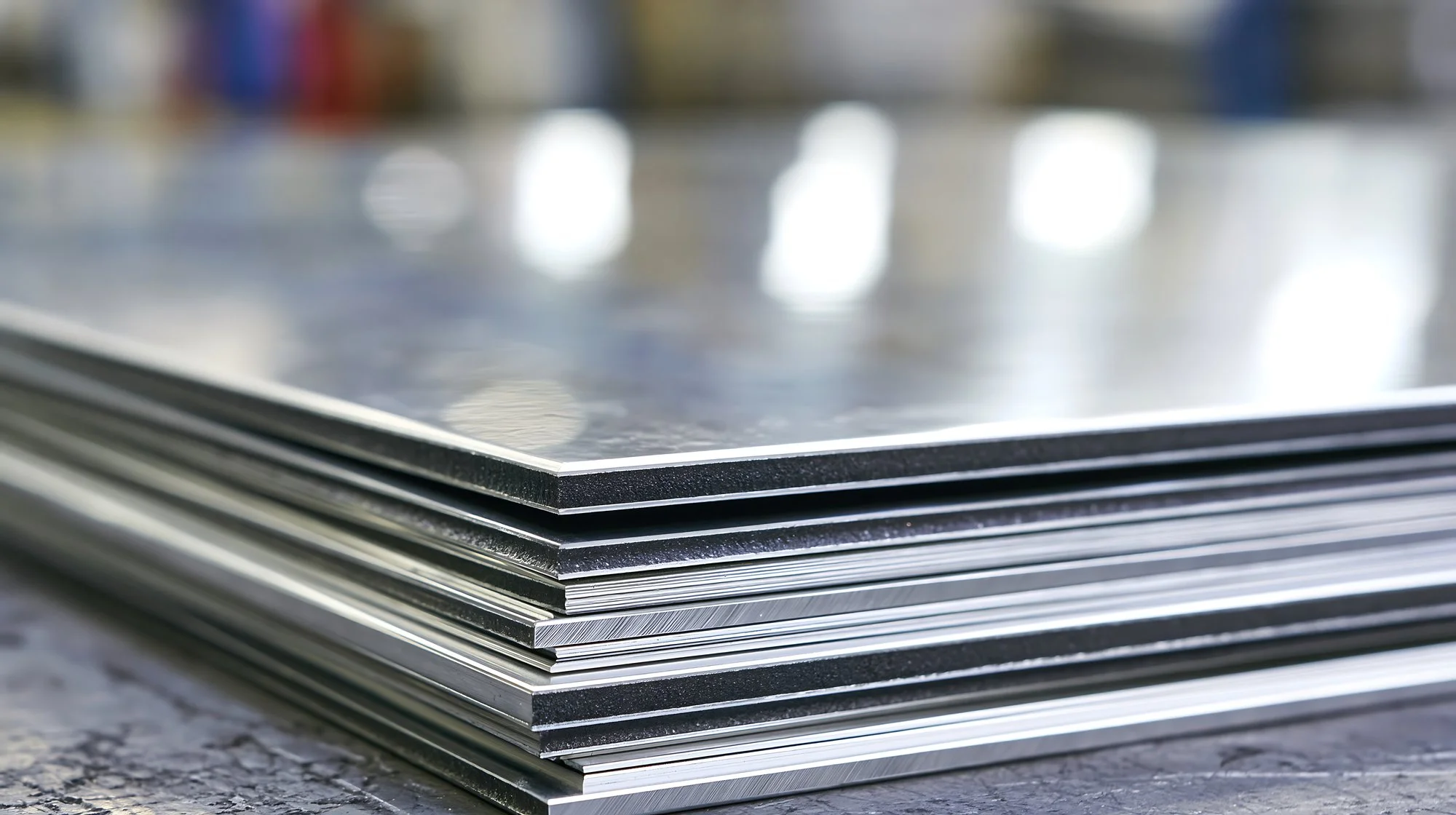 Stack of polished steel sheets and plates