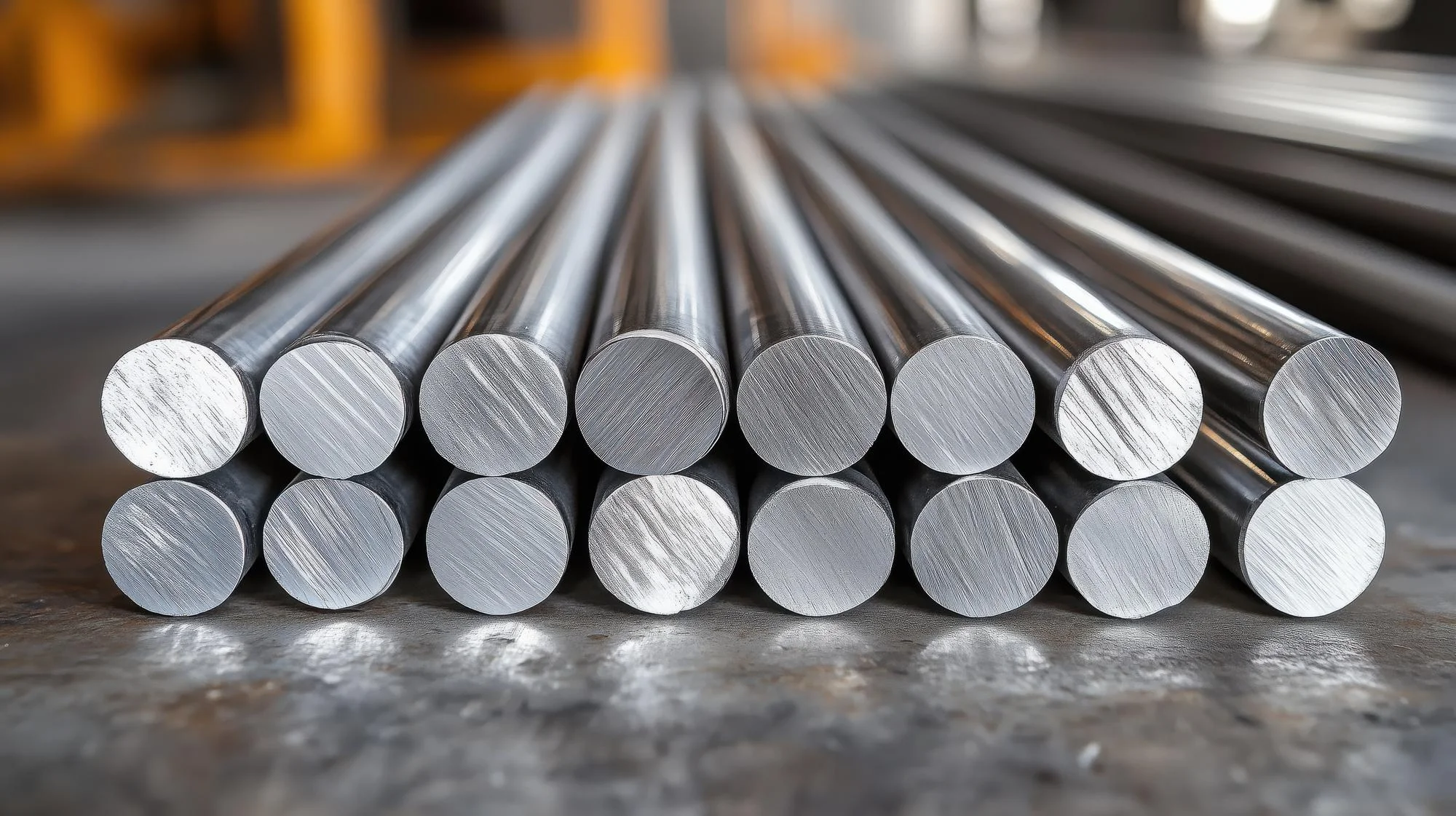 Stainless steel round bars stacked in a workshop