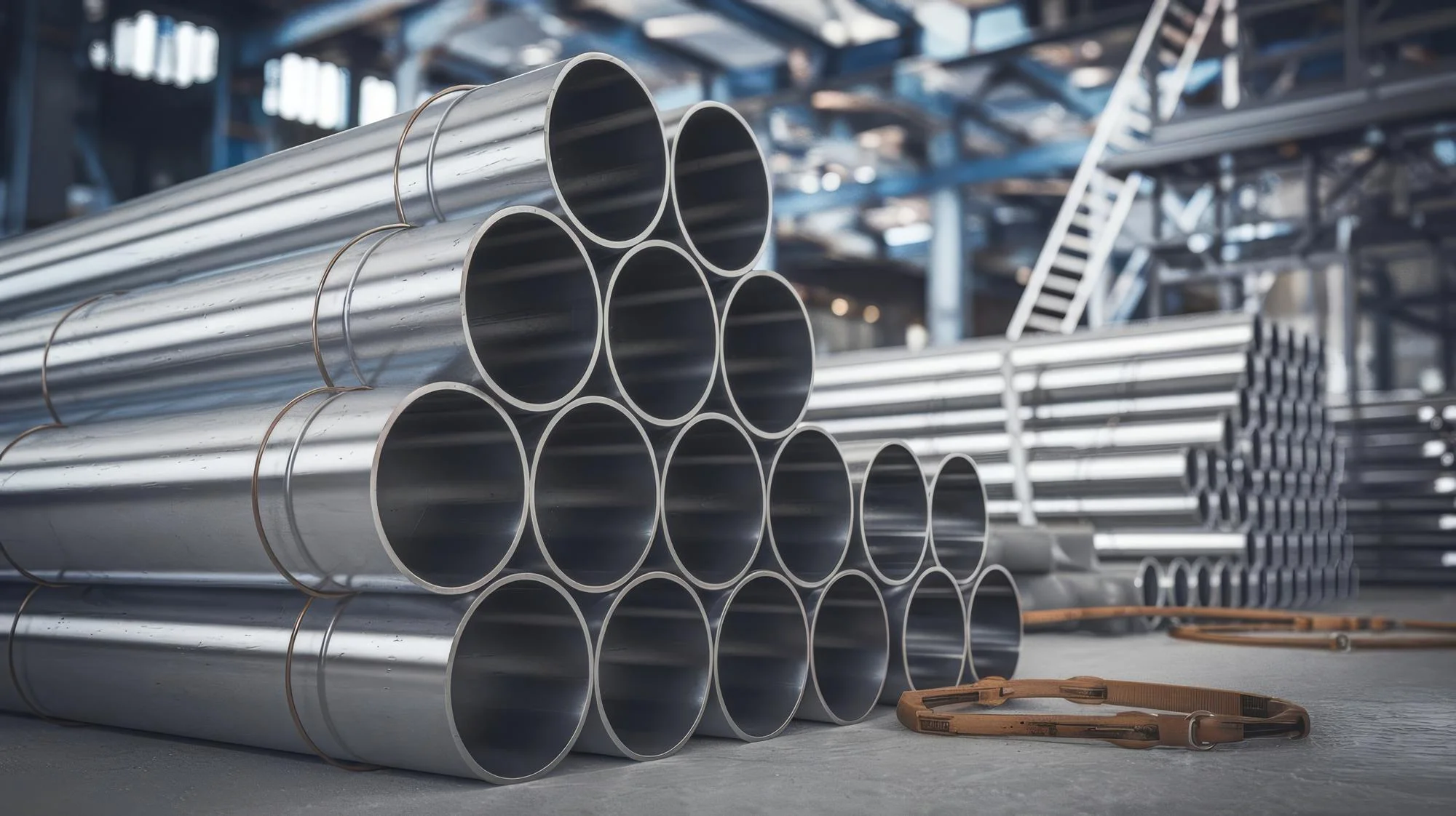 Stainless steel pipes stacked in a steel warehouse