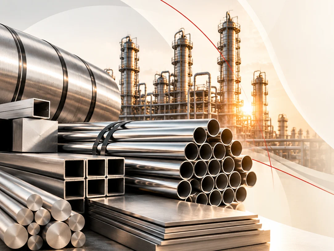 Industrial steel pipes and refinery at sunrise